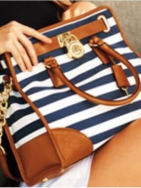 Michael Kors Navy and White Striped Tote with Brown Trim